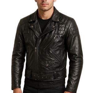 Vintage Y2K Wilsons Leather Moto Jacket Padded Black Zippered Belted Size M Edgy